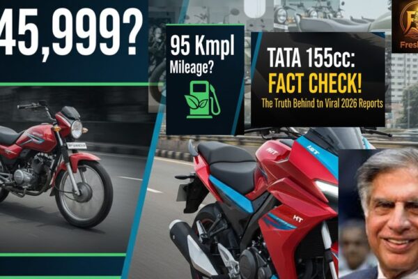 Futuristic Tata 155cc bike concept on a city road.