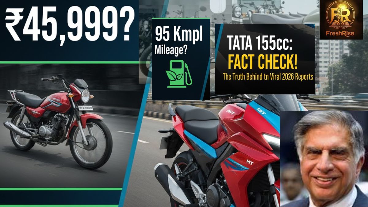 Futuristic Tata 155cc bike concept on a city road.