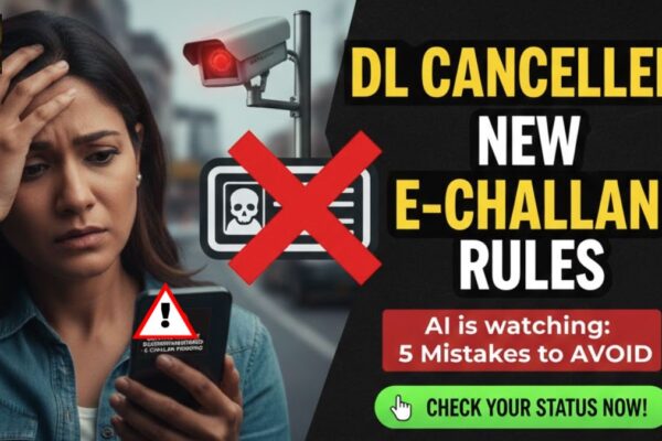 A high-tech AI traffic surveillance camera capturing a vehicle on the road, symbolizing new e-challan enforcement and license cancellation risks.