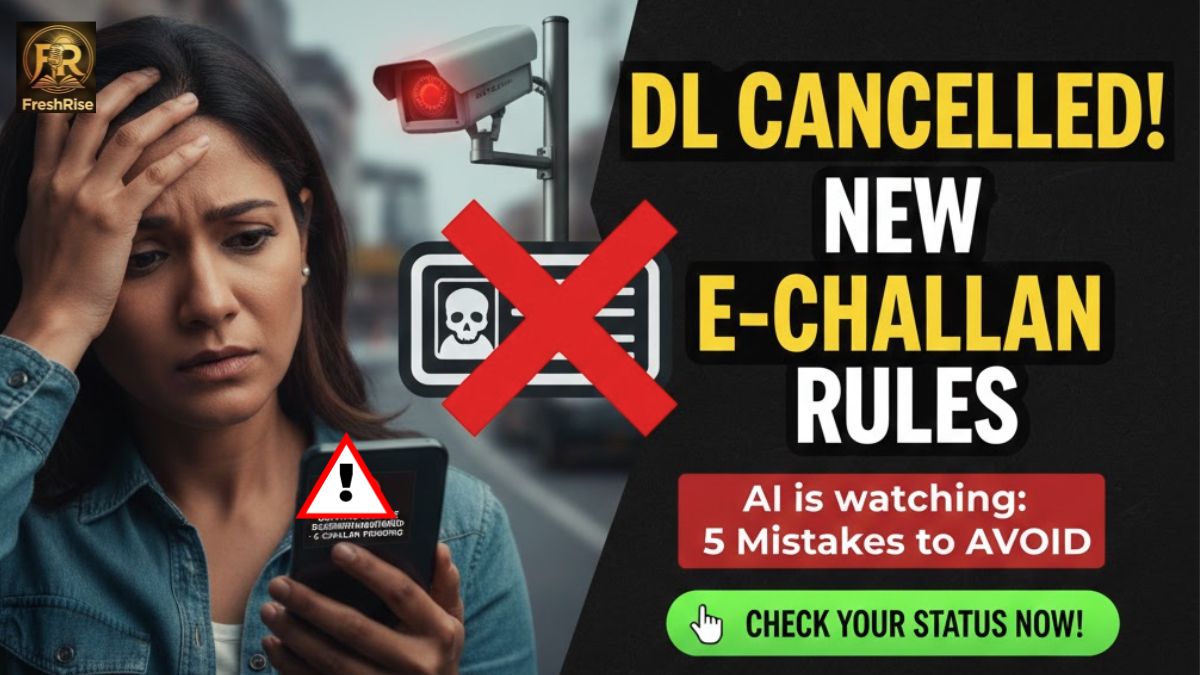 A high-tech AI traffic surveillance camera capturing a vehicle on the road, symbolizing new e-challan enforcement and license cancellation risks.