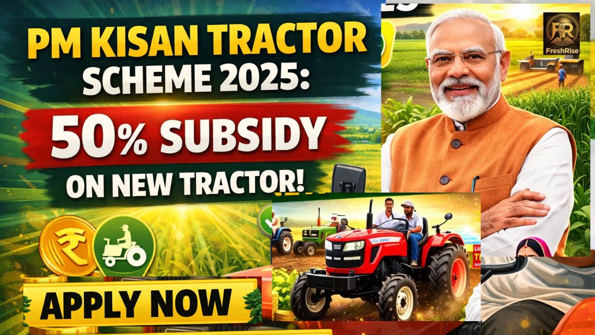 Farmer using tractor in field under PM Kisan Tractor Scheme 2025