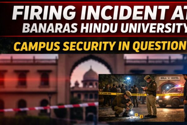 Firing incident at Banaras Hindu University near Birla A Hostel with police investigation at night