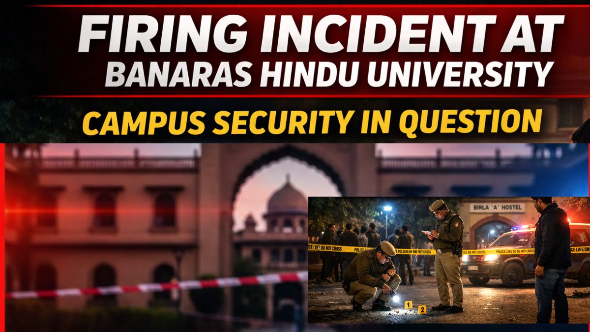 Firing incident at Banaras Hindu University near Birla A Hostel with police investigation at night