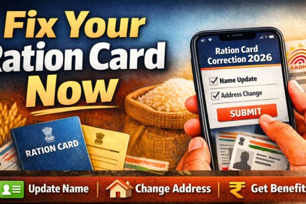 Person updating Ration Card details online on a smartphone in India 2026