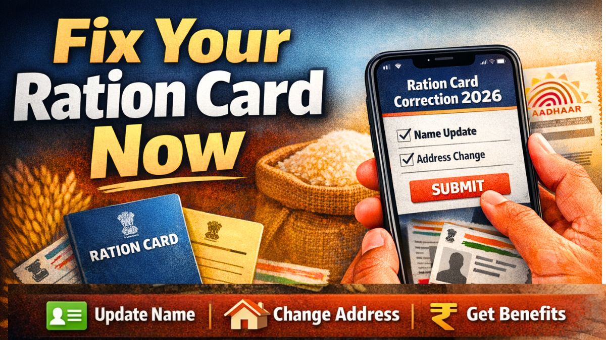Person updating Ration Card details online on a smartphone in India 2026