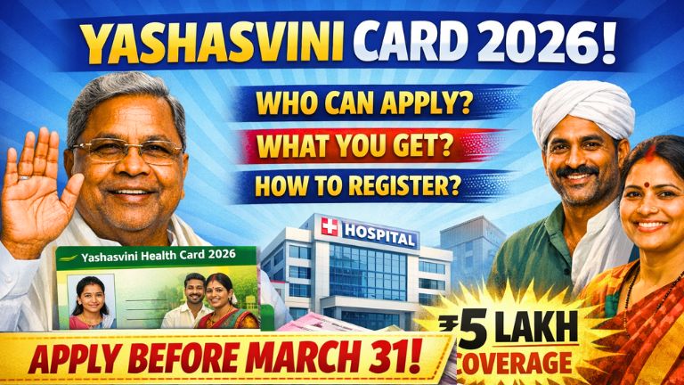 Karnataka farmer holding Yashasvini health card outside cooperative office