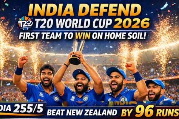Team India celebrates winning the ICC T20 World Cup 2026 final against New Zealand at Narendra Modi Stadium, Ahmedabad