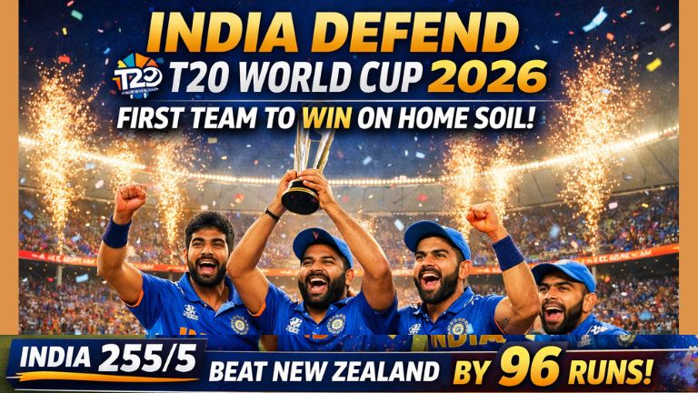 Team India celebrates winning the ICC T20 World Cup 2026 final against New Zealand at Narendra Modi Stadium, Ahmedabad