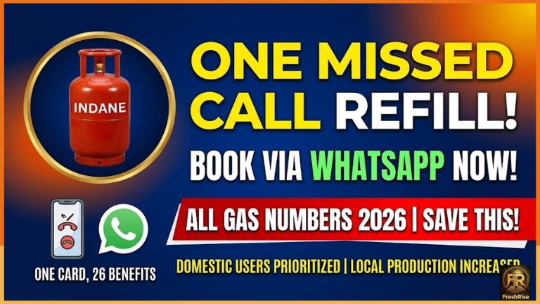 Infographic showing Indane, HP, and Bharat Gas WhatsApp and Missed Call booking numbers.