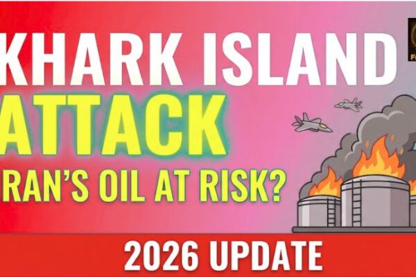 Aerial view of Kharg Island oil terminals with smoke rising after a reported military strike.