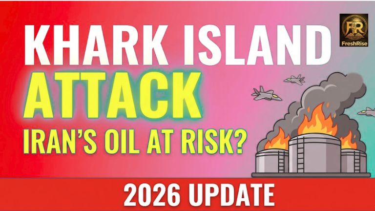 Aerial view of Kharg Island oil terminals with smoke rising after a reported military strike.